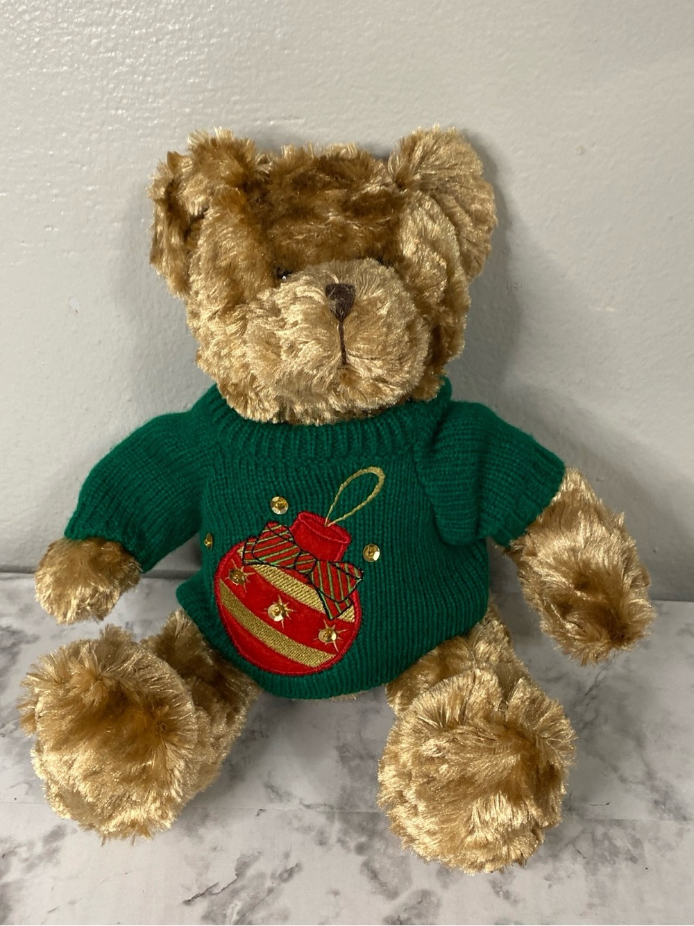 Galerie Christmas Plush Toy Bear w/ Green Christmas Sweater  W/ Ornament 12”
